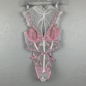 For Love & Lemons Pointelle Roses Teddy Size Small Pink White Sheer Mesh Floral